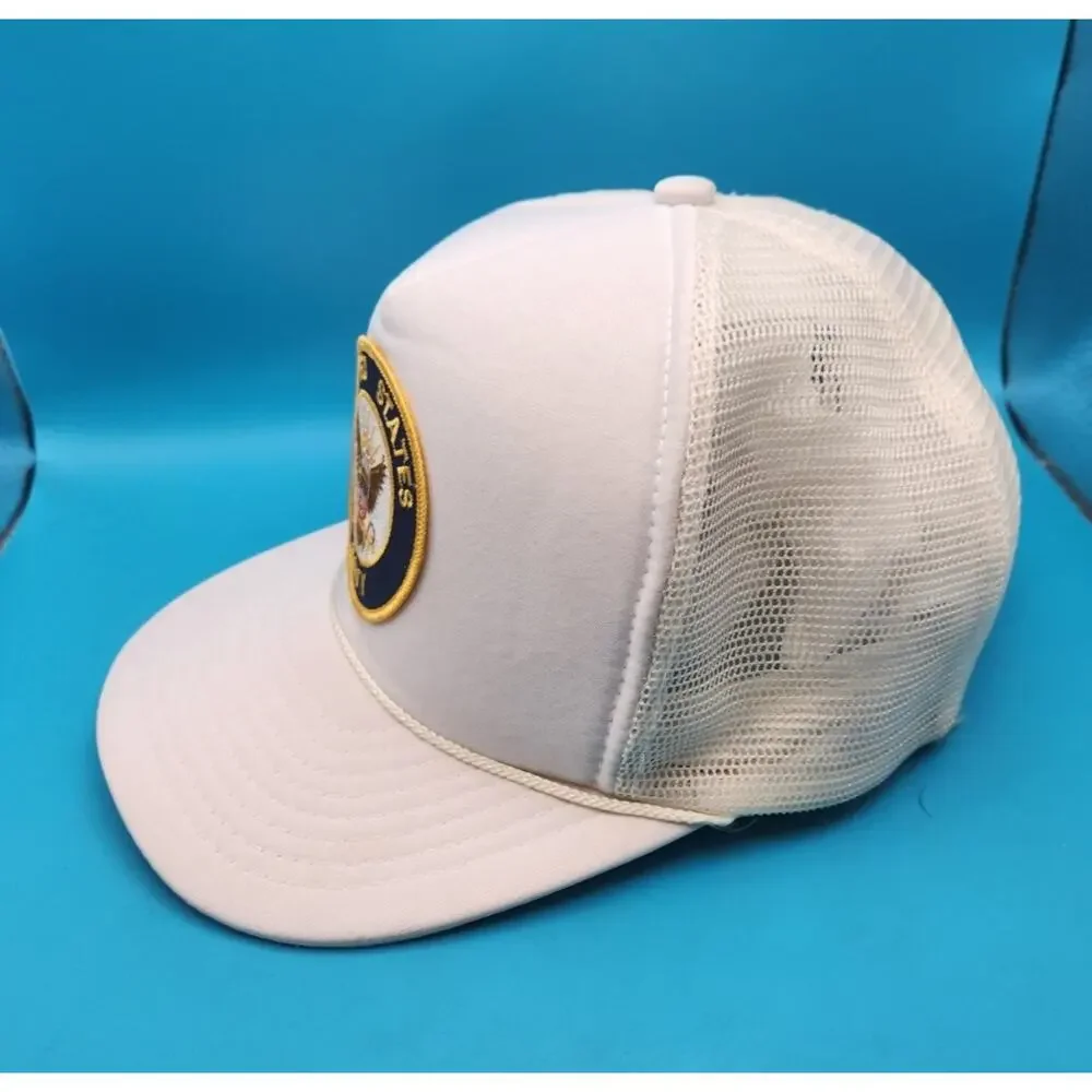 Vintage Nissin United States Navy White Mesh Back Snapback Trucker Cap Hat Cord